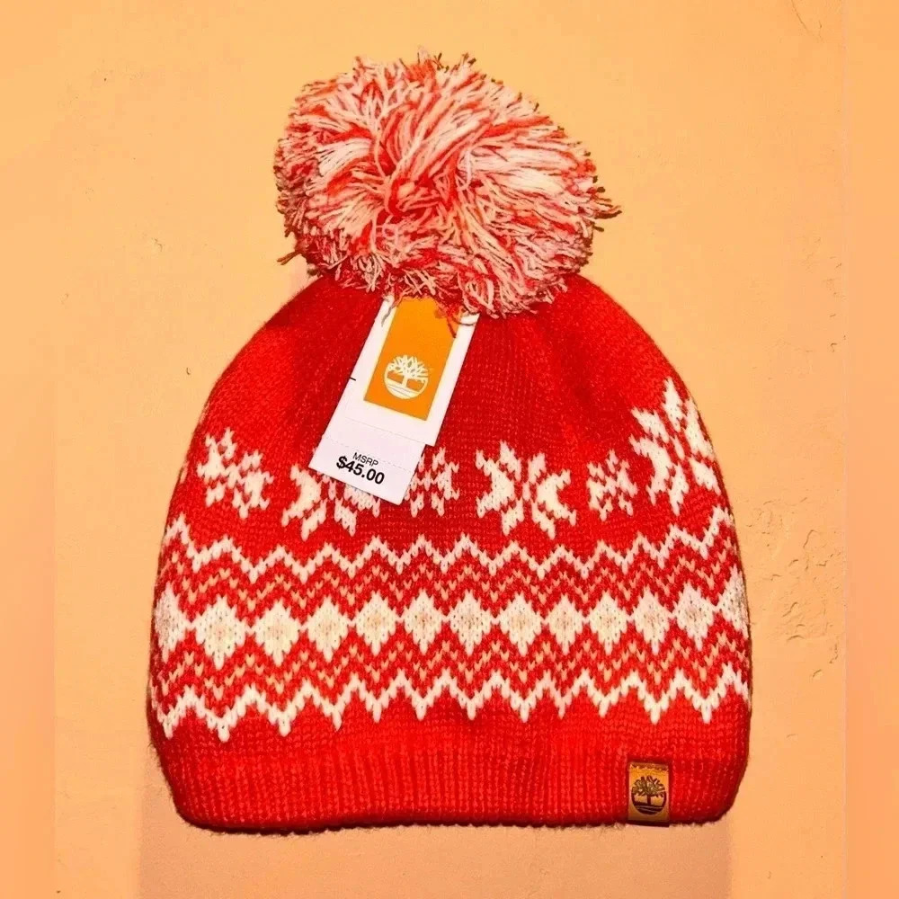 Timberland Women's Fairisle Pom Knit Beanie. One Size. Orange Cream. NWTS!